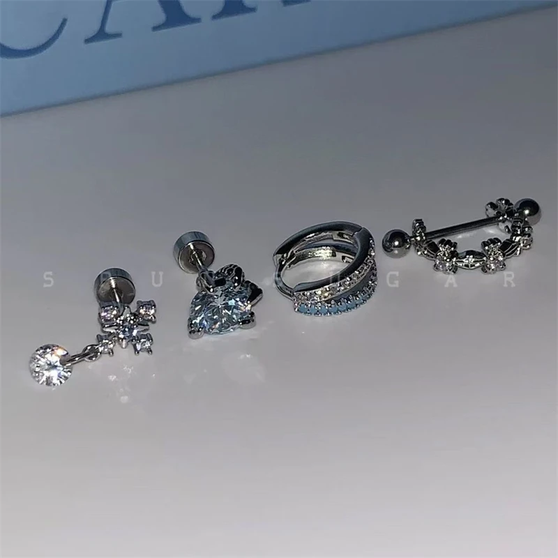 Y2K Shiny Blue Zircon Cross Stainless Ateel Ear Bone Nail for Women 2025 New Fashion Small Earrings Cochlea Accessories