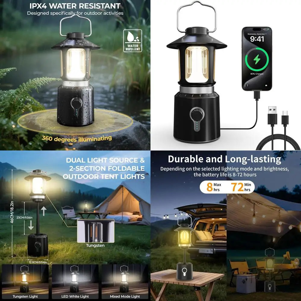 

Rechargeable Camping Lantern with 8000mAh Power Bank, 360° Telescopic Light, Dual Source, 3 Modes for Outdoors and Emergencies