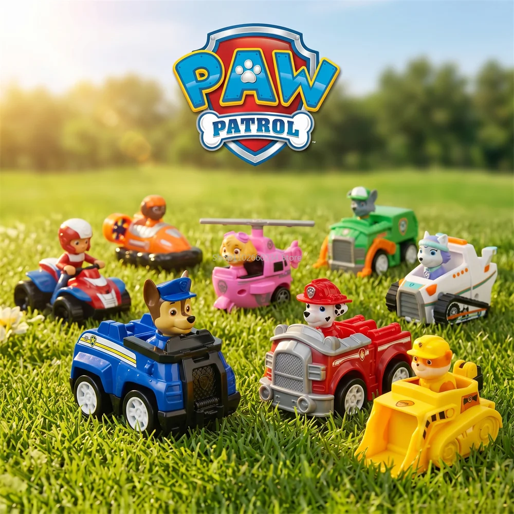 Original Paw Patrol Rückzieh-Autos Fahrzeug Chase Skye Marshall Rubble Spielset Actionfiguren Modellspielzeug Sammlung Geburtstagsgeschenk