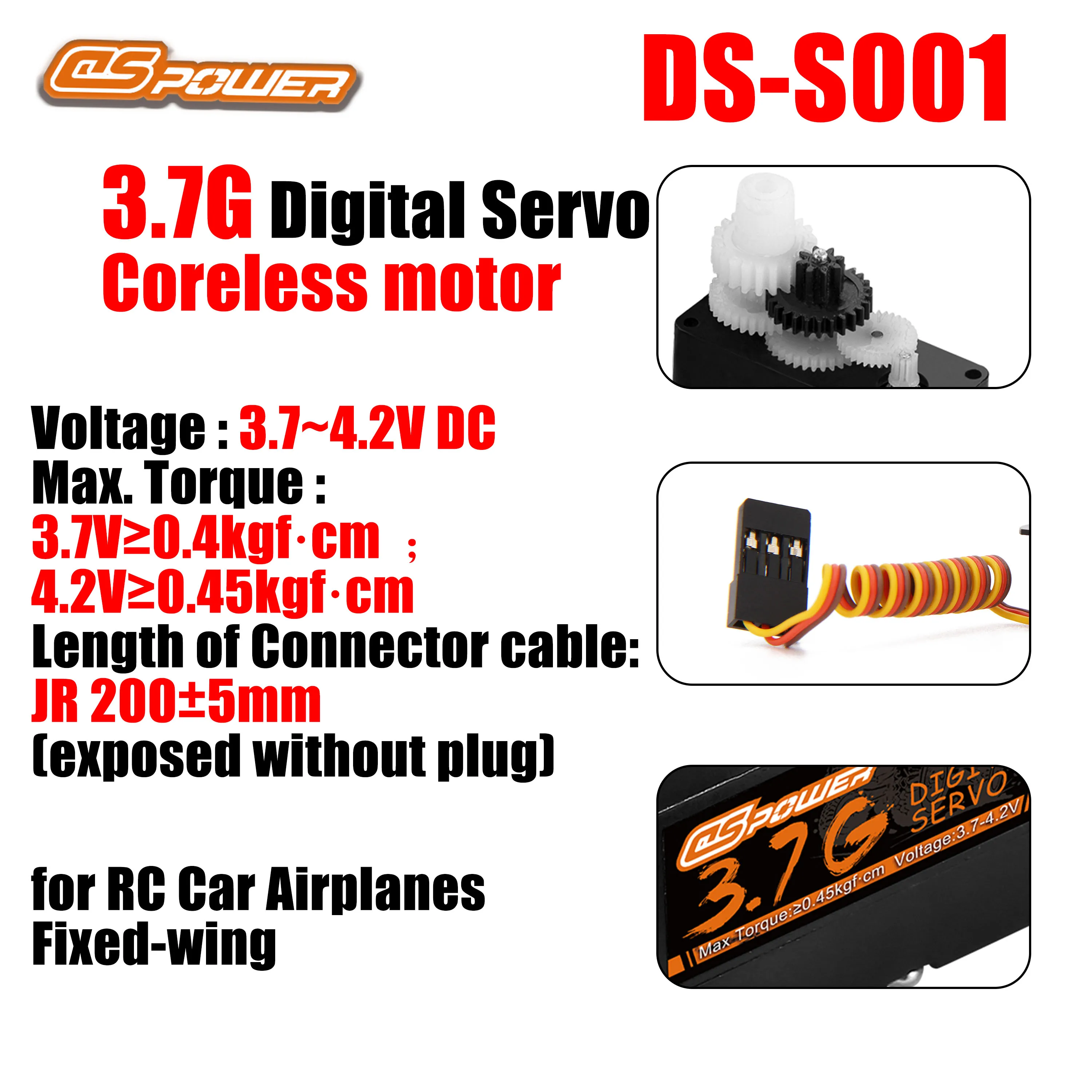 Silnik bezrdzeniowy DSpower 3.7g, mikro cyfrowe serwo o wysokiej precyzji, 3.7~4.2V do samochodów RC, samolotów, modeli stałopłatowych, helikopterów i innych modeli lotniczych.