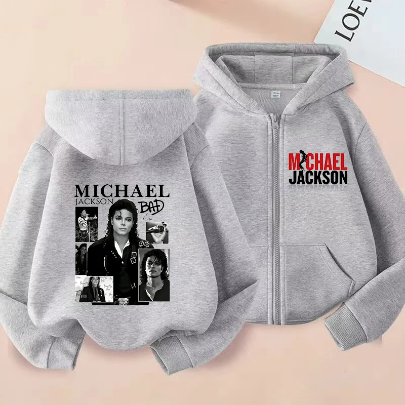 

Michael Jackson Thin Long Sleeve Zipper Jacket Boys Hooded Clothes Autumn Spring Singer MJ Zip Up Streetwear with Pocket Tops