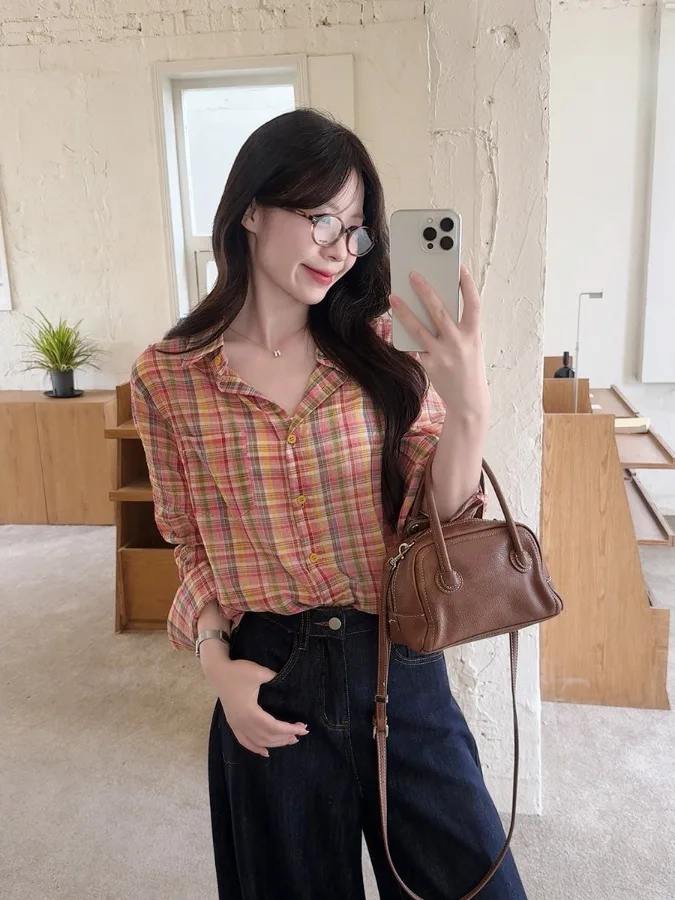 

plus Size Women's Korean Retro Plaid Long Sleeve Shirt Summer Loose Slimming Casual Top Commute Style Flip Collar Single Button