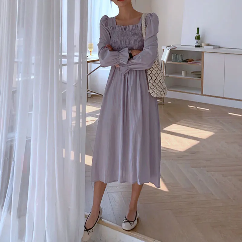 

Elegant Fashion Harajuku Slim Fit Female Clothes Loose Casual All Match Pullover Skirt Solid Square Neck Long Sleeve Dresses