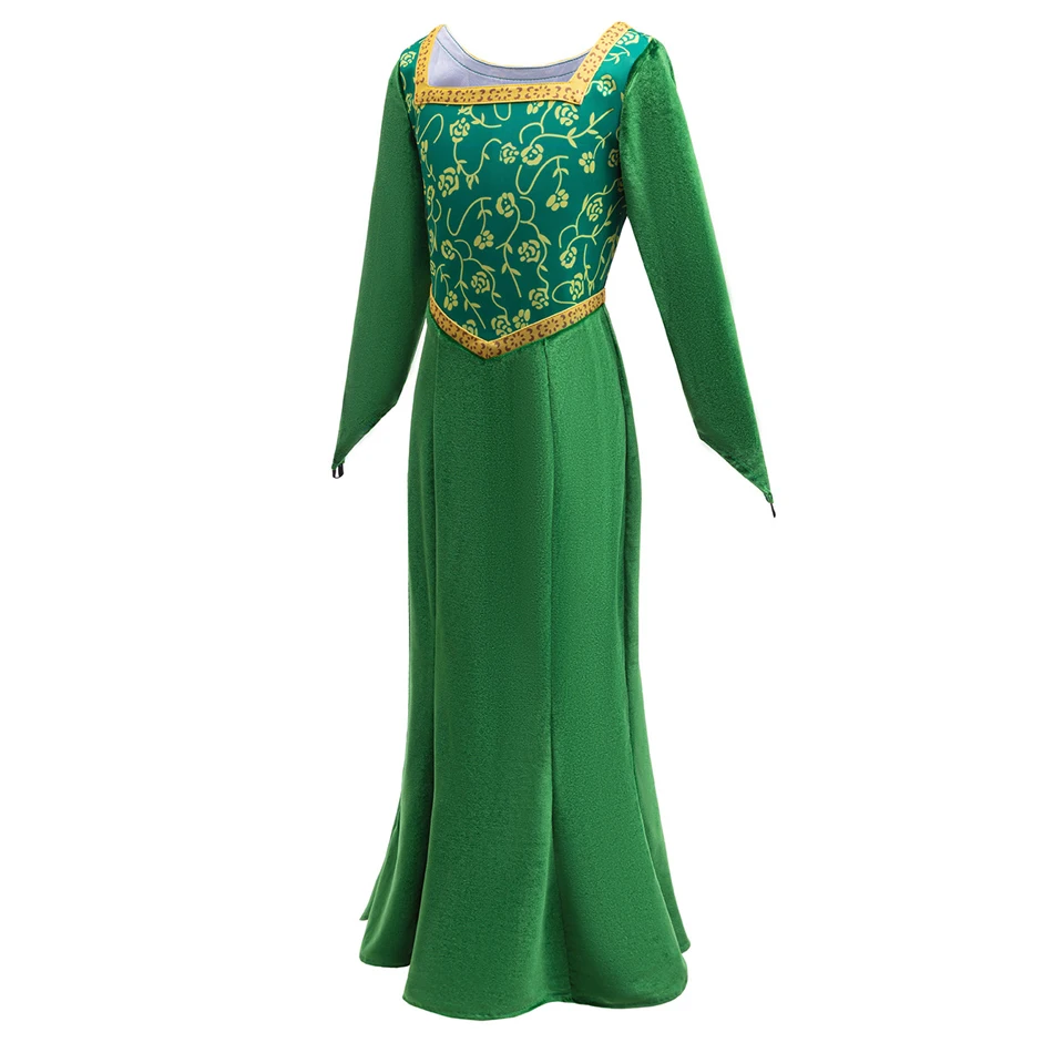 Girl Princess Fiona Cosplay Costume Dress Outfit Cartoon Green Square Collar Velvet Long Dress Kid Halloween Role Play