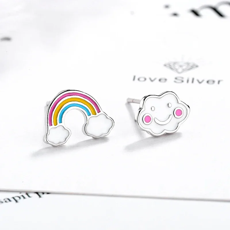 Cute Lovely Tiny Stud Earrings For Women Rainbow Clouds Smiling Face Copper Epoxy Creative Ear Piercing Jewelry Accessories Gift