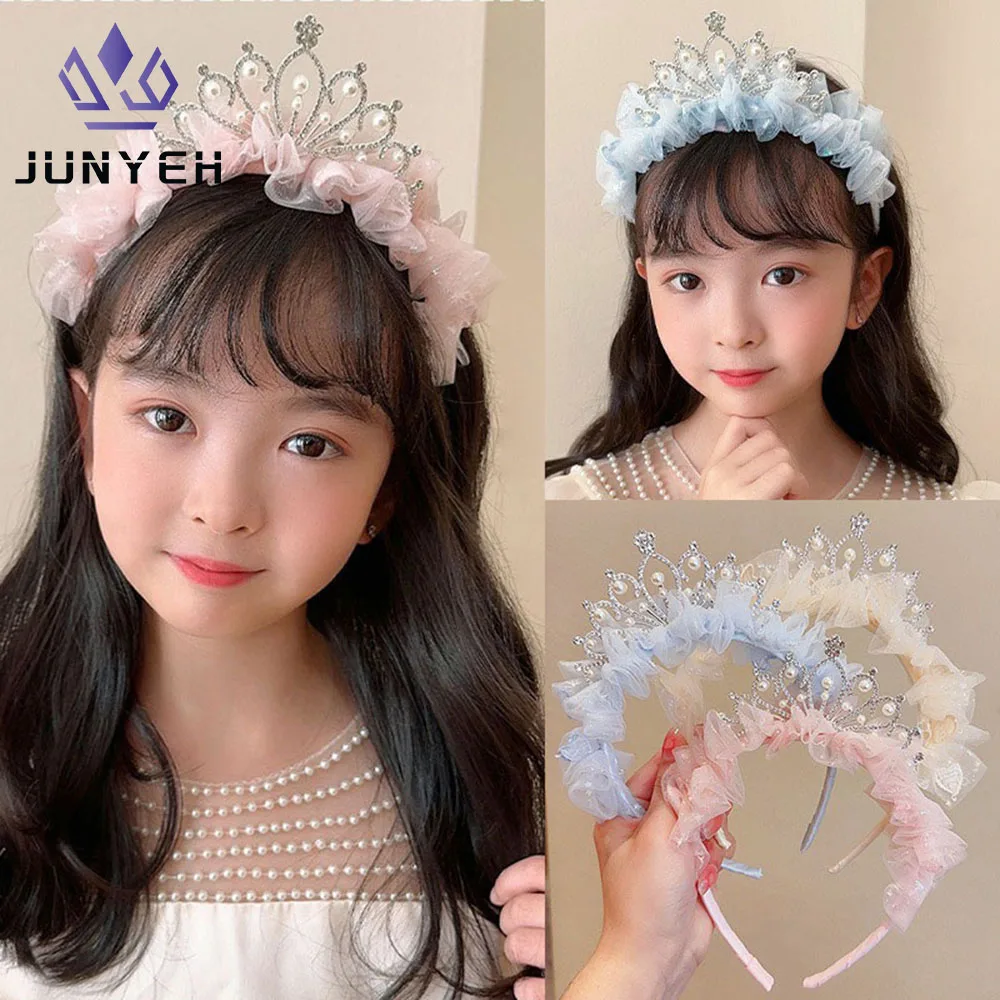 Kid's Headdress Mesh Princess Crown Headband Girl Pearl Hairband Pleated Lace Embroidered Headband Hairpin For Kids