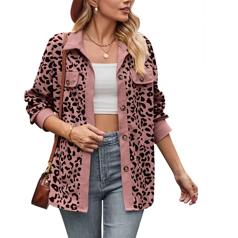 A0NF Womens Corduroy Button Down Shirt Jackets  Long Sleeve Oversized Leopard Print Shacket  Blouses Tops