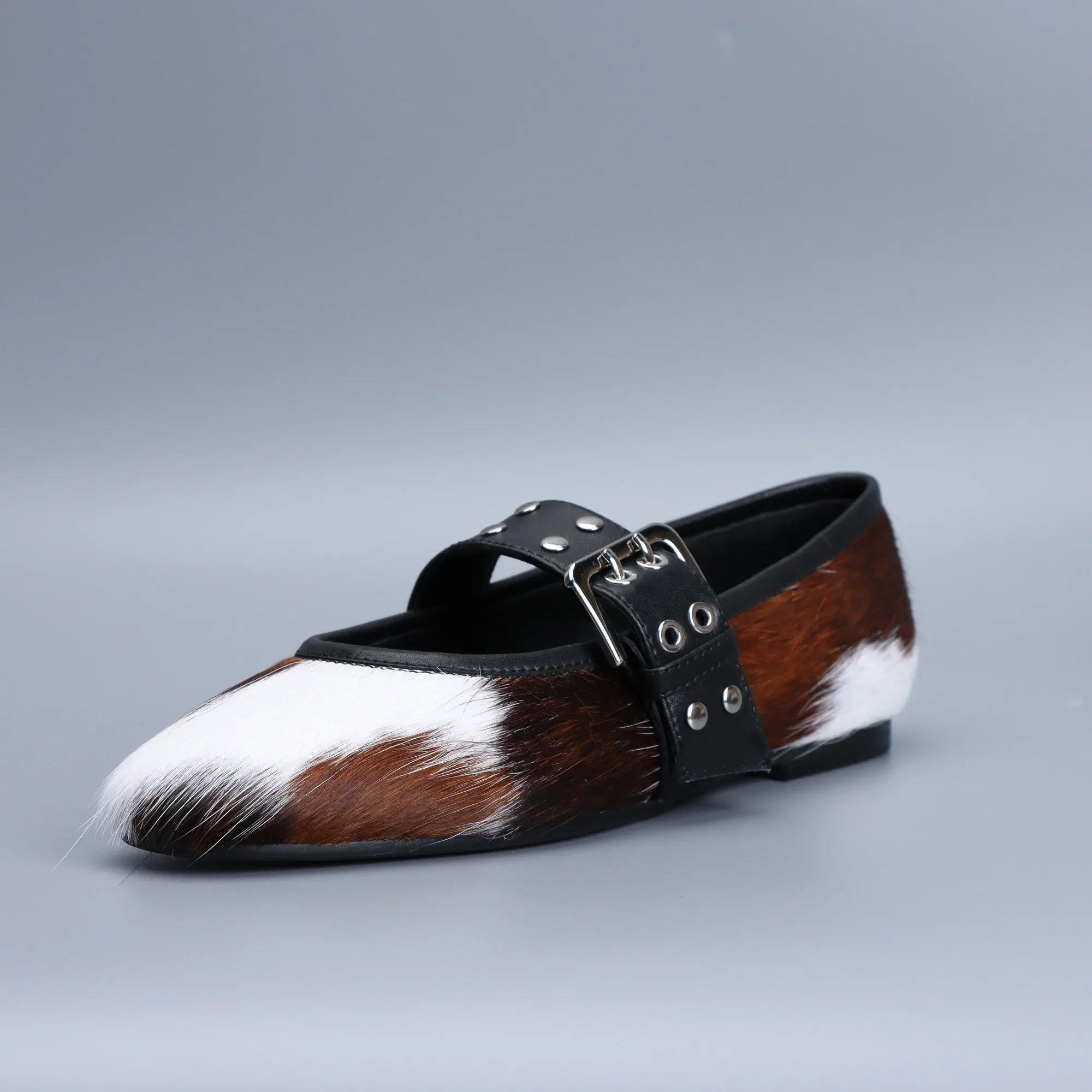 

Women's Punk Cowhair Mary Jane Flats- Elegant Ballerina Flats with Western Studded Design Vintage Ballet Elegant Flats Luxury