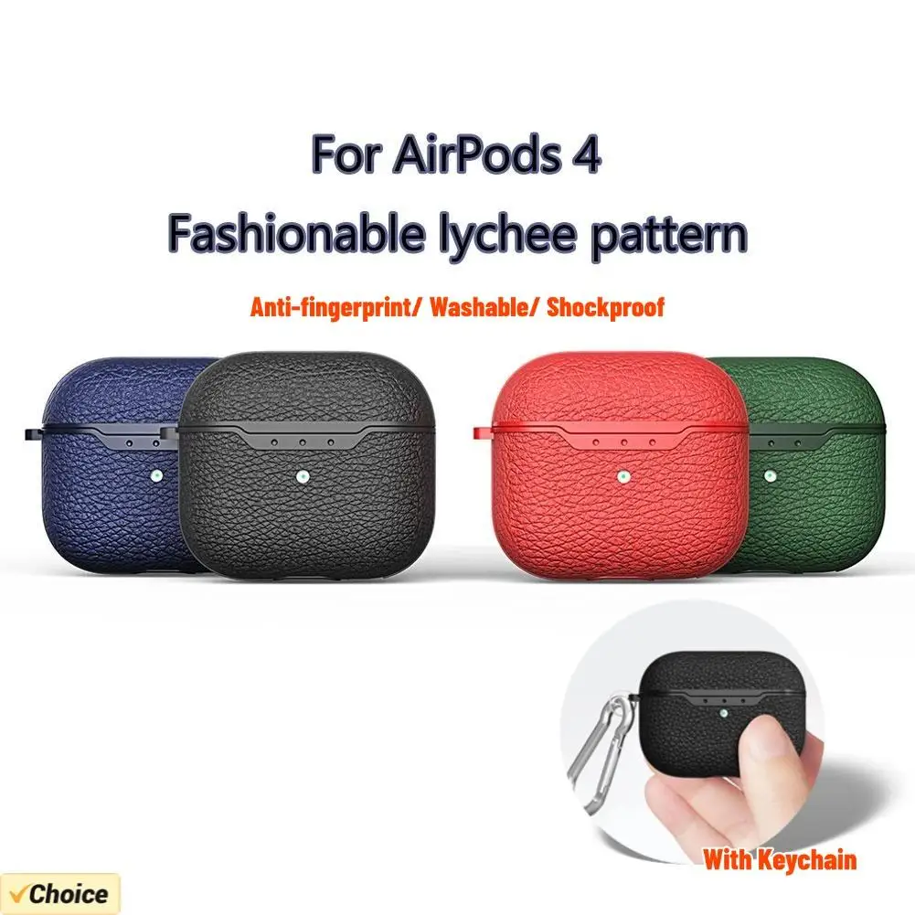 Earphone Cover For AirPods 4 Anti-slip Lychee Texture Earphone Protective Cover Anti-fall Washable Protective Case With Keychain