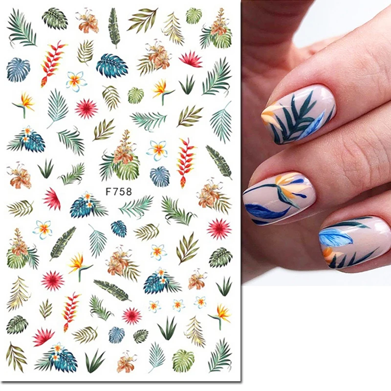 3D tropische Palmblätter Farben Murmeln volle Tipps Nail Art Aufkleber selbst klebende Schieber Nagel Aufkleber Dekoration Maniküre Zubehör