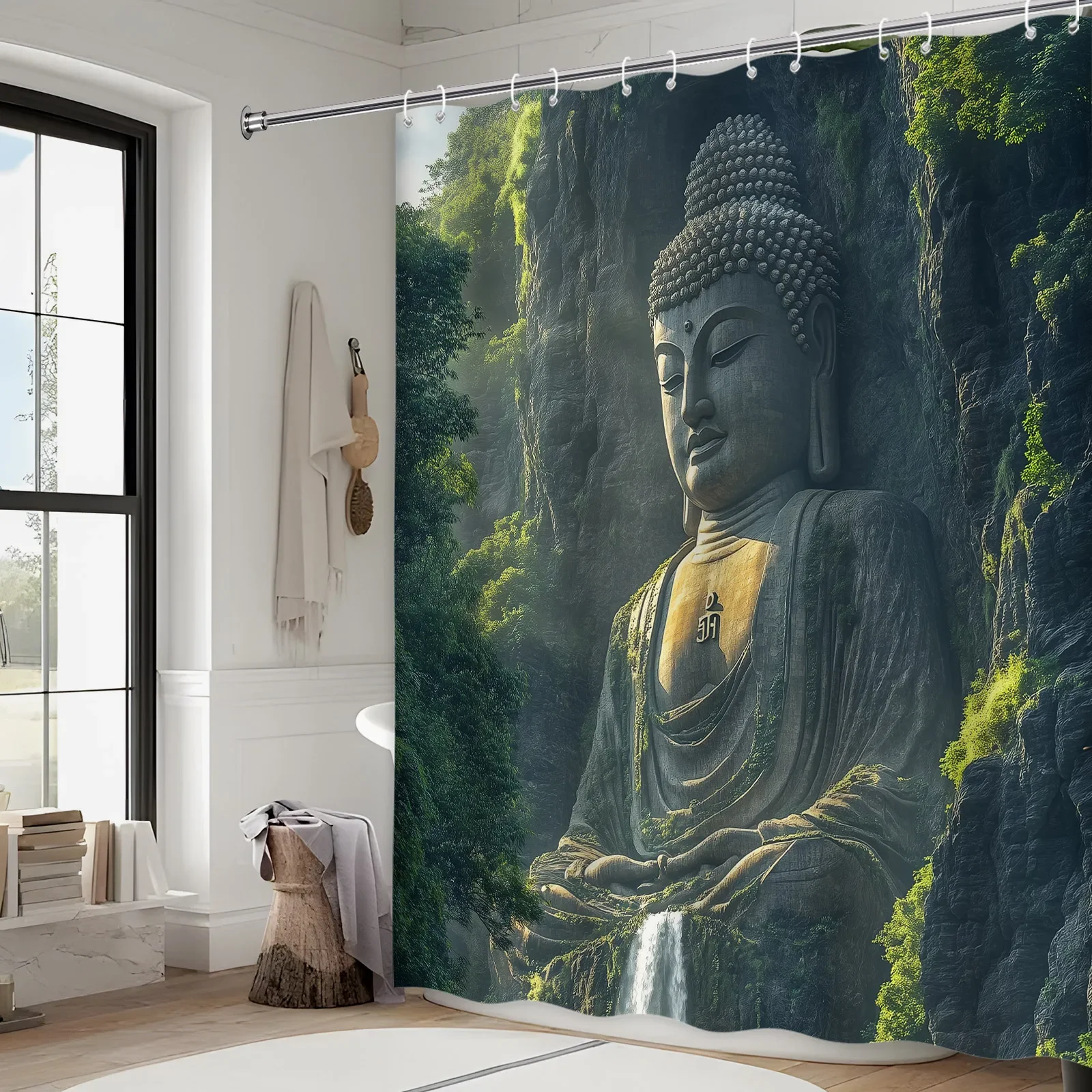 ~O~Tranquil Buddha Shower Curtain - Majestic Statue at Mount Emei, Polyester, Woven, Serene Scene with Trees & Waterfall
