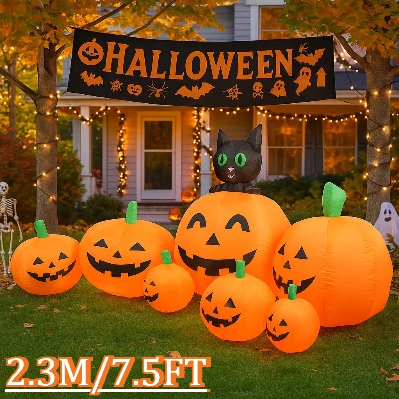 7,5 футов Хэллоуин Праздничное Освещение Тыквы Кошки Украшения Партия Надувная Модель Открытый Сад Ужасы Реквизит Крытый Домашний Декор