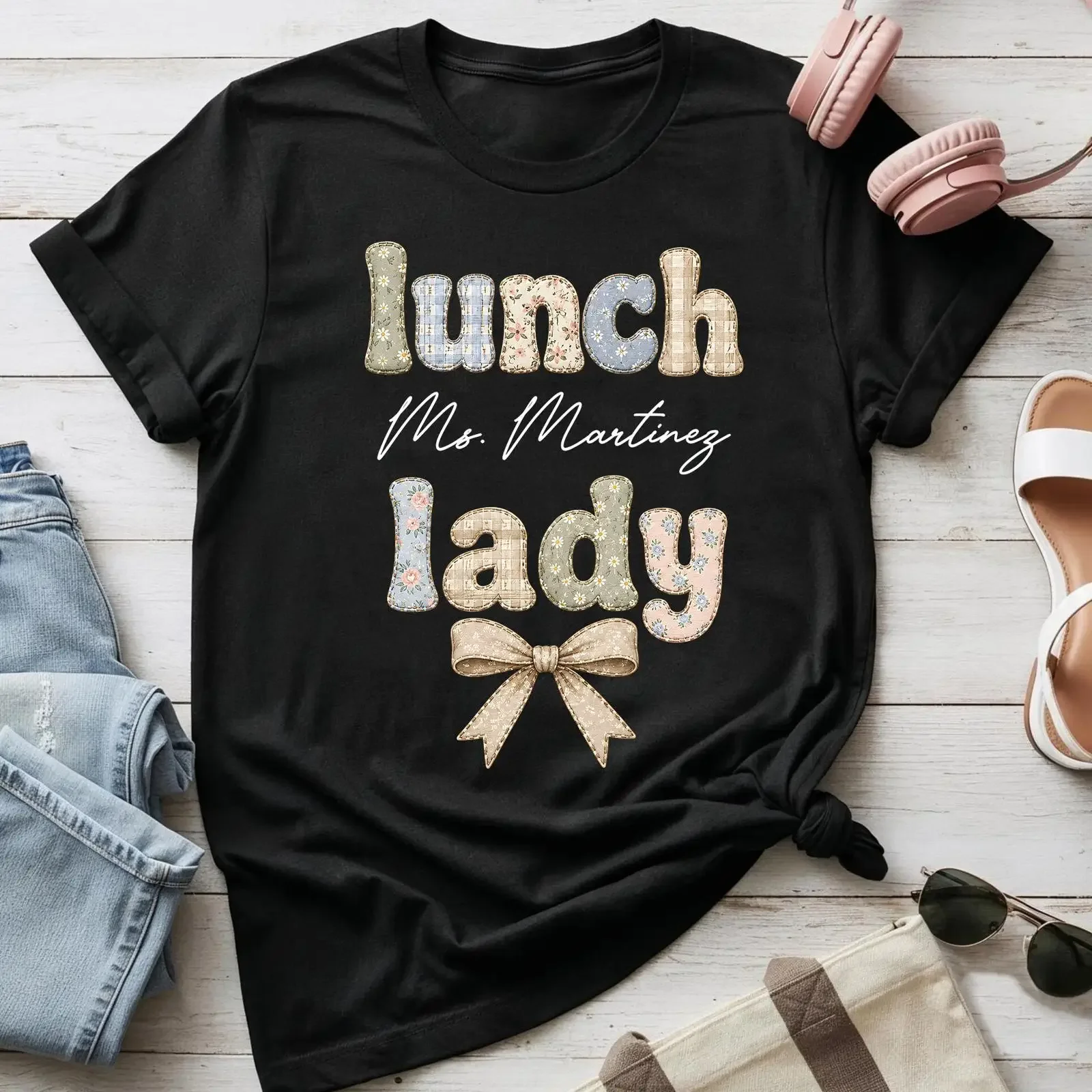 Personalized Custom Name Lunch Lady T Shirt Coquette Bow Floral School Cafeteria Worker Staff Appreciation Back To vintage