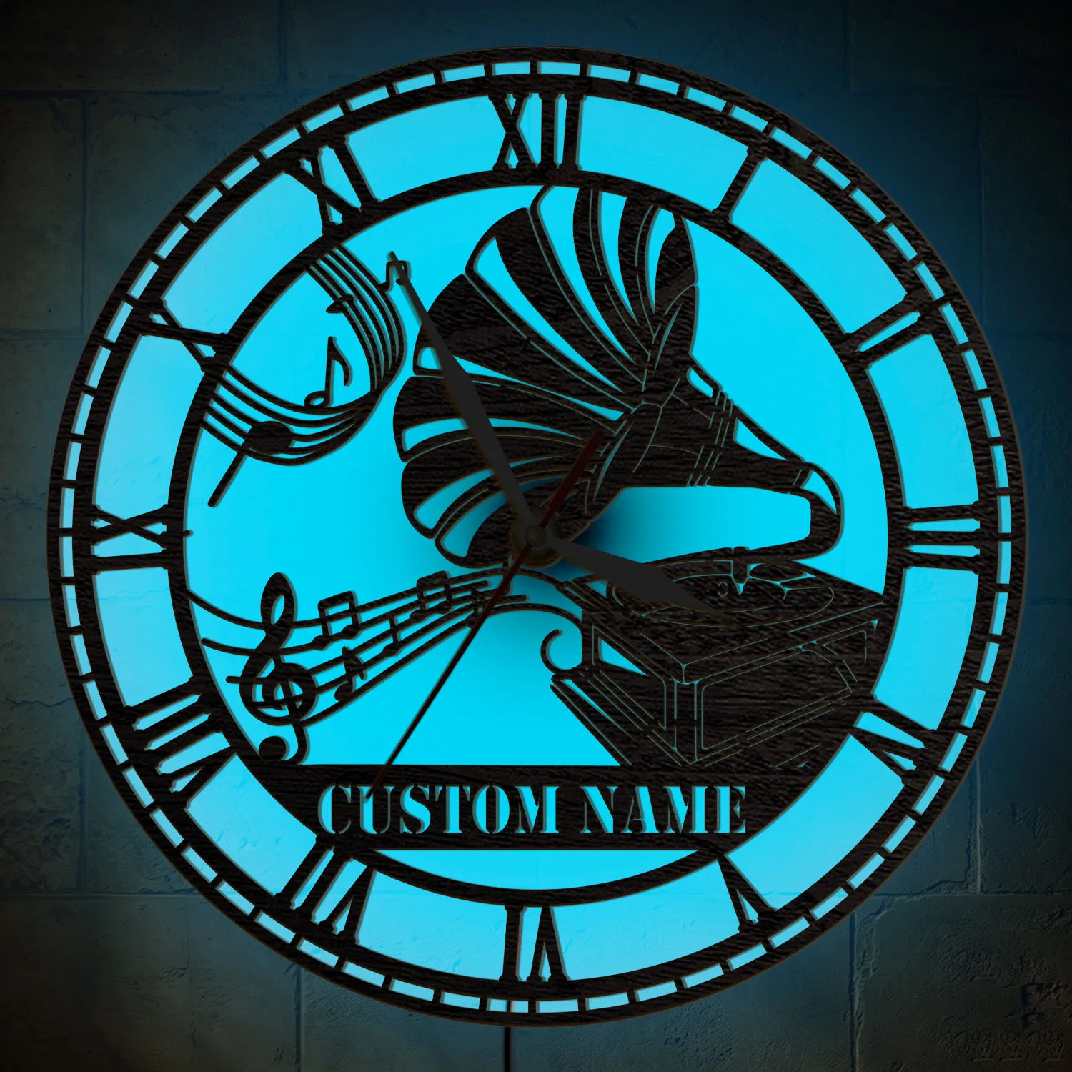 Custom Name Gramophone Wooden Wall Clock With Color Changing LED Light Vintage Music Notes Personalized Night Light Wall Clock
