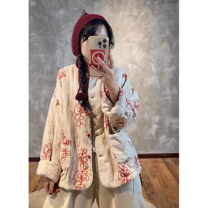 

Утепленная хлопковая куртка в китайском национальном стиле с вышивкой цветов, ретро-пальто с высоким воротником для женщин, зимний сезон