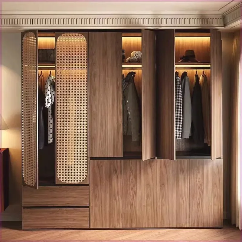 Solid wood wardrobe, walnut-colored door-to-top cabinet in the bedroom, big wardrobe in the retro clothes hanging area