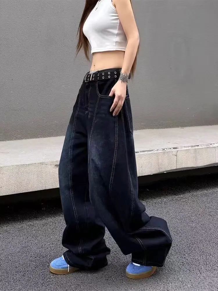 Scimitar Lässige Gewaschene Dunkelblaue Amerikanische Retro High Street Jeans Damen Mode Buchstaben-Stickerei Übergroße Lose Weite Bein-Jeans