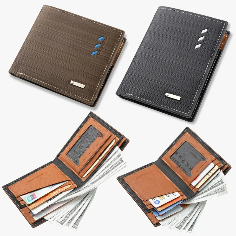 Business Men's Short Wallet Microfiber Synthetic Leather Short Wallets Men Stripe Male Purse Coin Pouch Multi-functional Cards