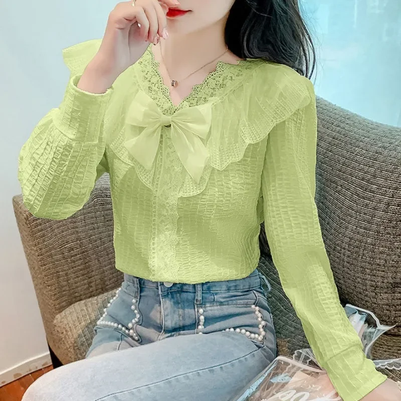 

Elegant Blouse for Women Long Sleeve V-neck Lace Chic Korean Style Spring Autumn Clothing Female All-match Comfortable New Bow