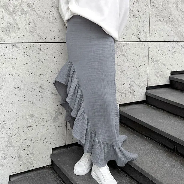 

Pure Cotton Grey Autumn Women's Skirt High Waist Ruffle-Trimmed Split Asymmetric Lady Skirt Temperament Causal Skirt For Female