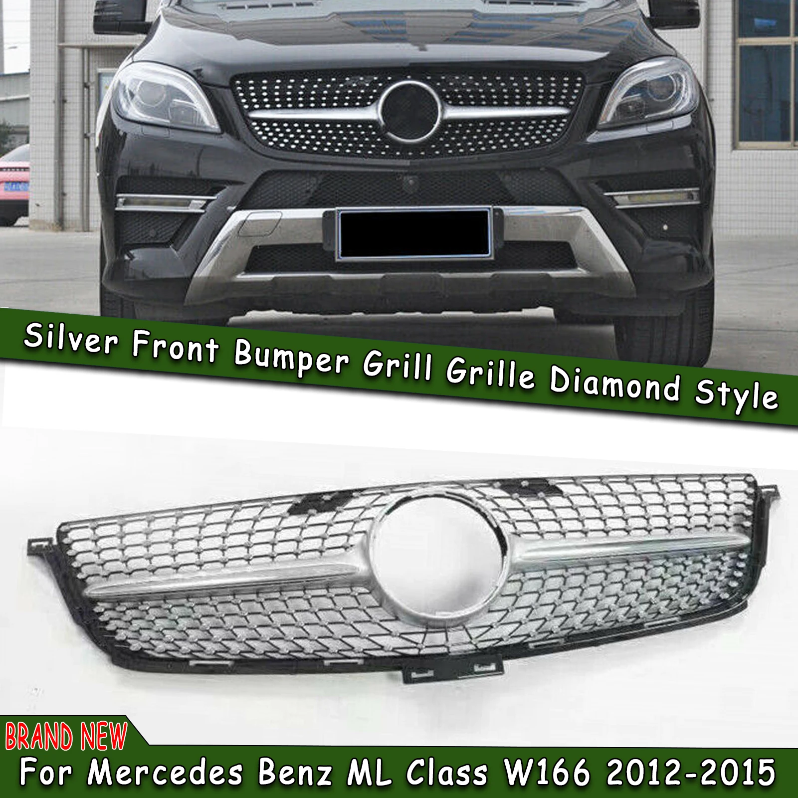 For Mercedes Benz W166 ML 2012-2015 Diamond Style Front Grille Grills Silver/Black ML300 ML320 ML350 ML400 Car Bumper Hood Mesh