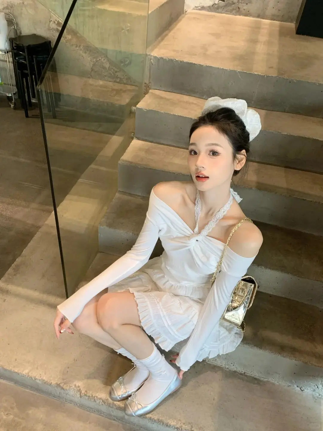 

Ballet Style Two-Piece Set One-Shoulder Halter Neck Lace T-Shirt Top High Waist Skirt Women'S 2025 Spring New Pure Desire Suit