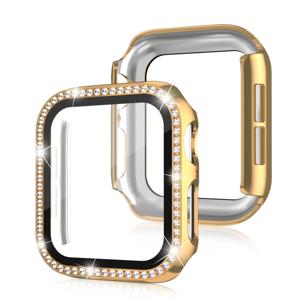 Bling Glass + pokrowiec na Apple Watch 45mm 44mm 42mm 41mm 40mm 38mm diamentowy zderzak + ochraniacz ekranu iwatch seria 8 7 6 5 3 SE