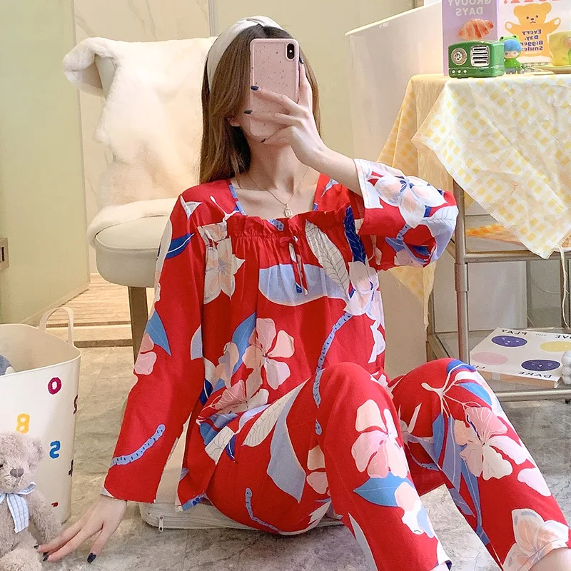 

Printed Flower Sleepwear Female Viscose Pajamas Suit Loose Home Clothes Pyjamas Pour Femme 2PCS Shirt&Pants Set Loungewear