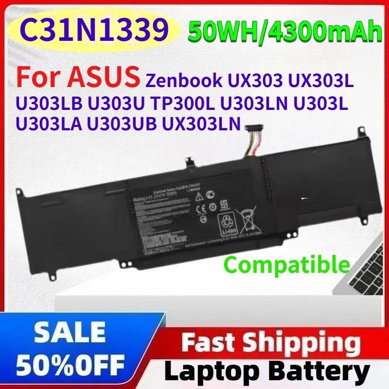 50WH 4300mAh C31N1339 Laptop Battery for ASUS Zenbook UX303 Series (UX303L/UX303LB/U303U/TP300L/U303LN/U303LA/U303UB) compatible