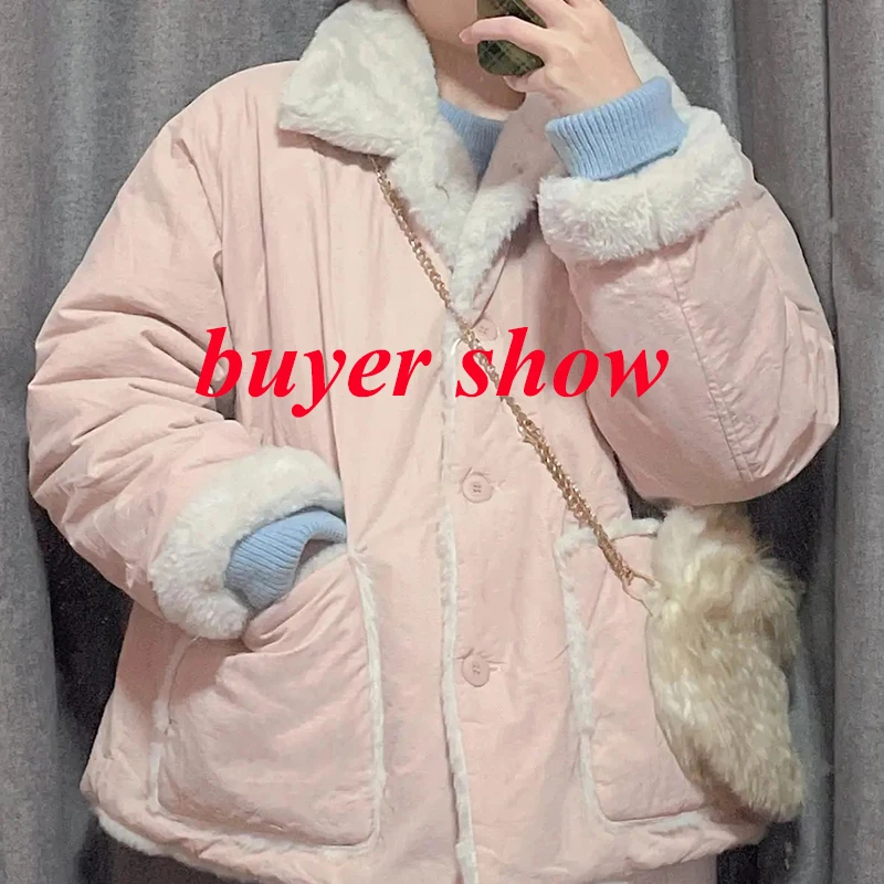 Vrouwen Winter Plus Fluwelen Verdikte Warme Jassen Vrouw Enkele Breasted Twee Grote Zak Parka Biyaby Kawaii Roze Revers Hals Parka