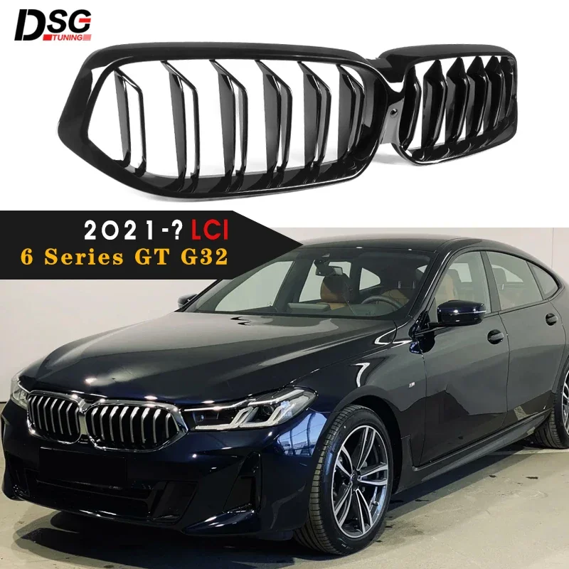 1 Set Gloss Black Front Bumper Double Line Grille Racing Grill For BMW G32 GT 6 Series Gran Turismo Facelift 2021-? Replacement