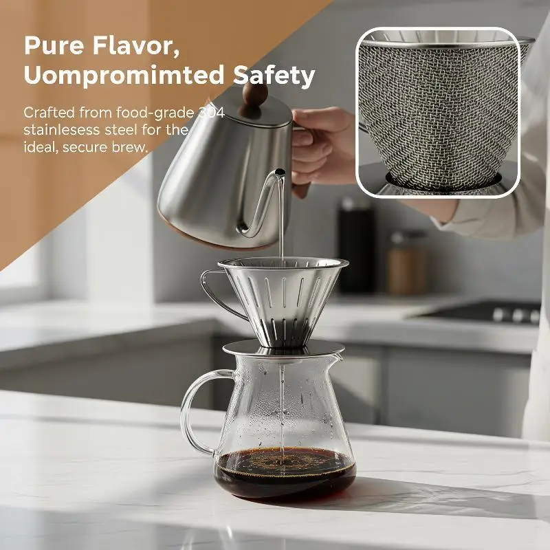 Stainless Steel Pour Over Coffee Filter Ultra Fine Mesh Universal Fit Dripper for Most Coffee Mugs Pots Brewing