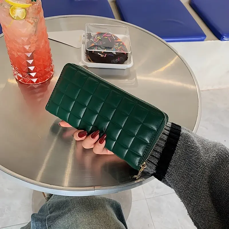 Quilted Detail Long Wallet, Women's Fashion Zip Around Wallet With Multiple Card Slots & Zipper Pocket