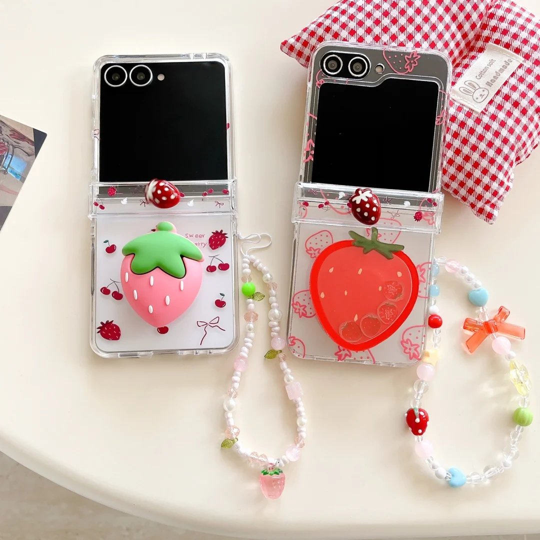 

Korean Cute 3D Strawberry Cherry Bow Wrist Strap Chain Case For Samsung Galaxy ZFlip7 6 Flip5 Flip6 Z Flip4 3 Flip7FE Cover