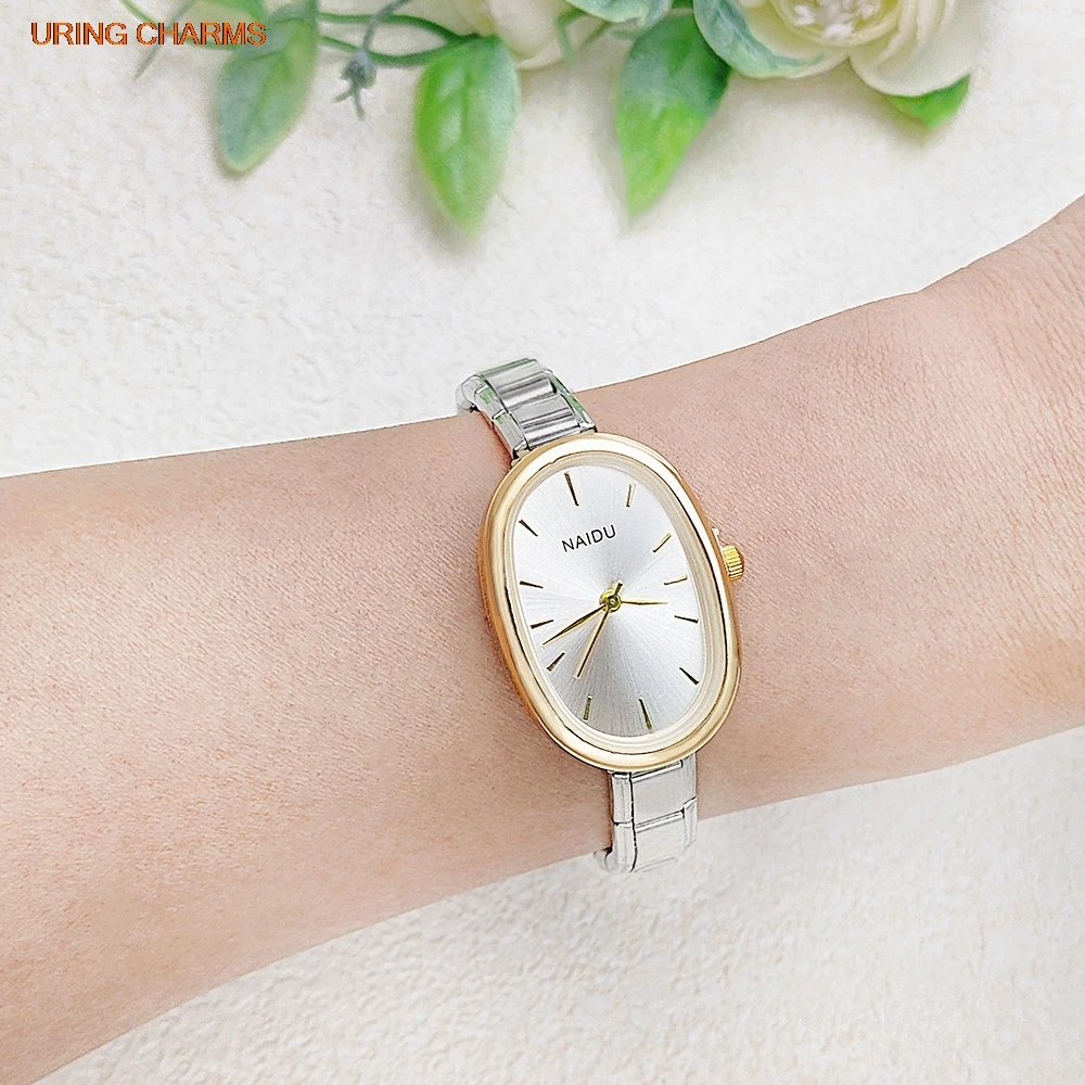 Delicate Casual Oval Shape Quartz Watch Stainless Steel Strap Width 9mm Black Blue Women Female Hand Watch Daily Birthday Gift