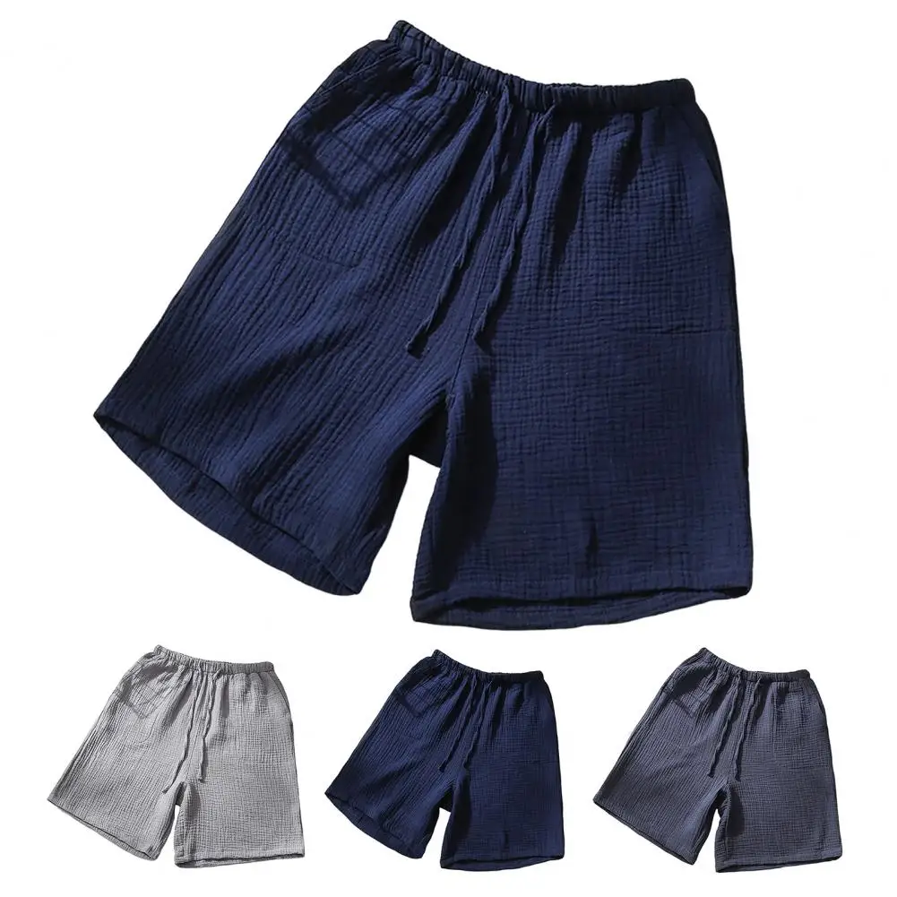 Men Summer Sleep Pants Cotton Crepe Pajama Shorts Mid-rise Elastic Waistband Drawstring Pockets Casual Soft Breathable Homewear