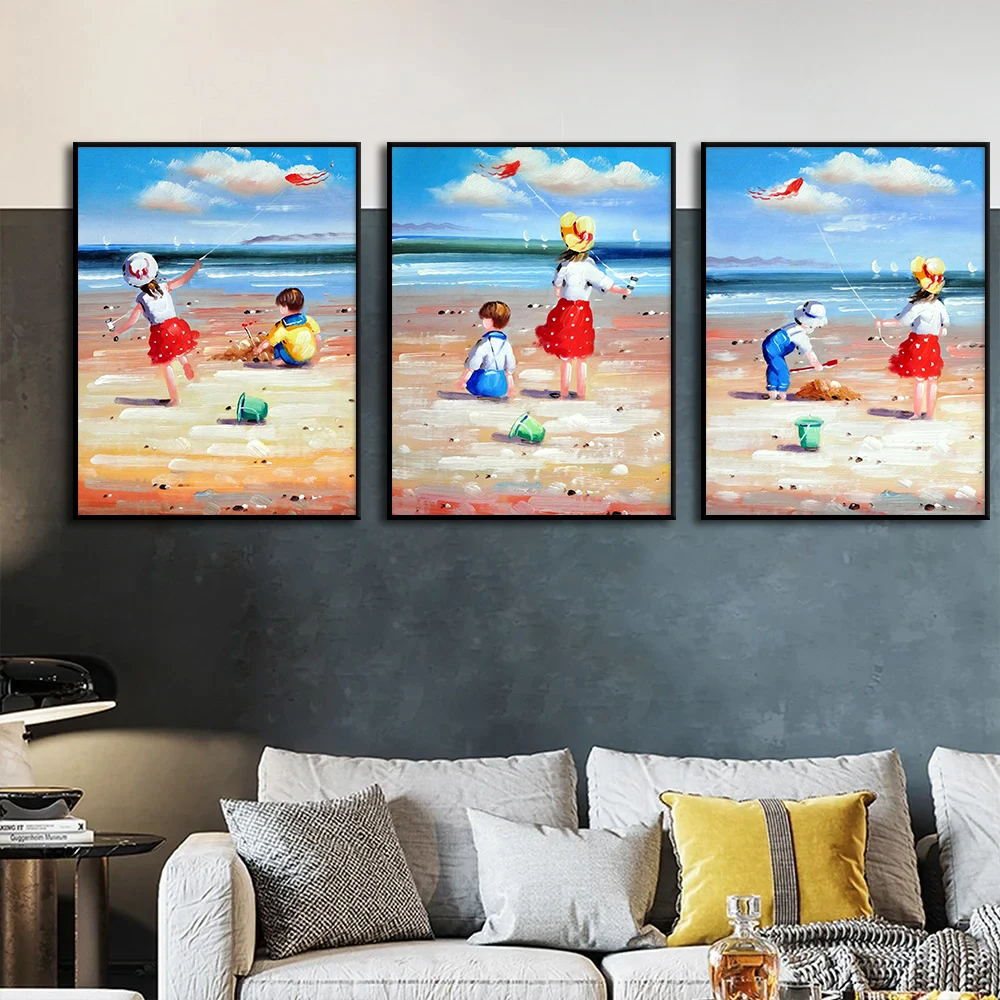 

Boys Girls Beach Playing Poster Modern Wall Art Canvas Painting Print Seaside Scenery Pictures Kids Room Living Room Home Decor