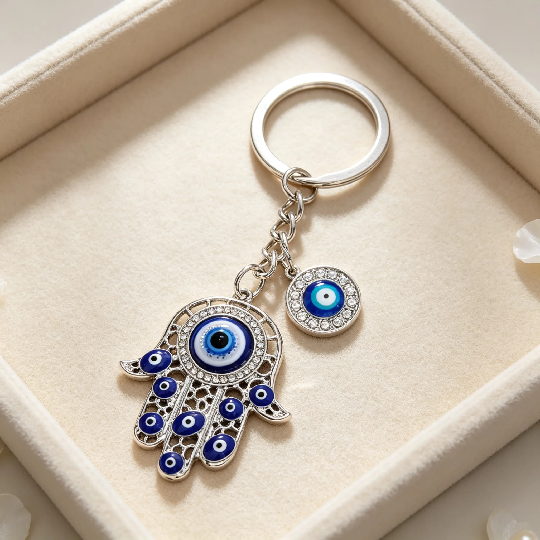 Strass-Schlüsselanhänger mit türkischem Bösem Auge und Hamsa-Hand, Glücksbringer Fatima-Hand aus Legierung, Taschen- und Autoanhänger, Amulett, Schmuckgeschenk für Damen und Herren – Detail 5