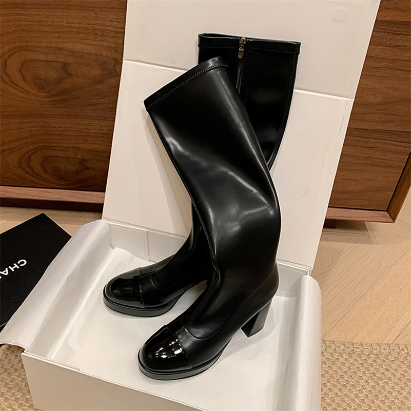 Meotina Women Genuine Leather Knee High Long Boots Round Toe Thick High Heels Zipper Gogo Boot Ladies Fashion Shoes Winter Black