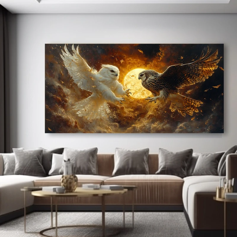 Large-sized frameless canvas paintings,Two Dueling Owls Poster and Prints Cartoon Modern Abstract Animal Art Canvas Painting Wal