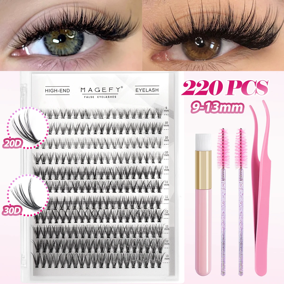 Magefy 220 cluster cílios individuais diy extensão de cílios 20d 30d onda natural 9-13mm com pinças de cílios suprimentos de maquiagem dos olhos