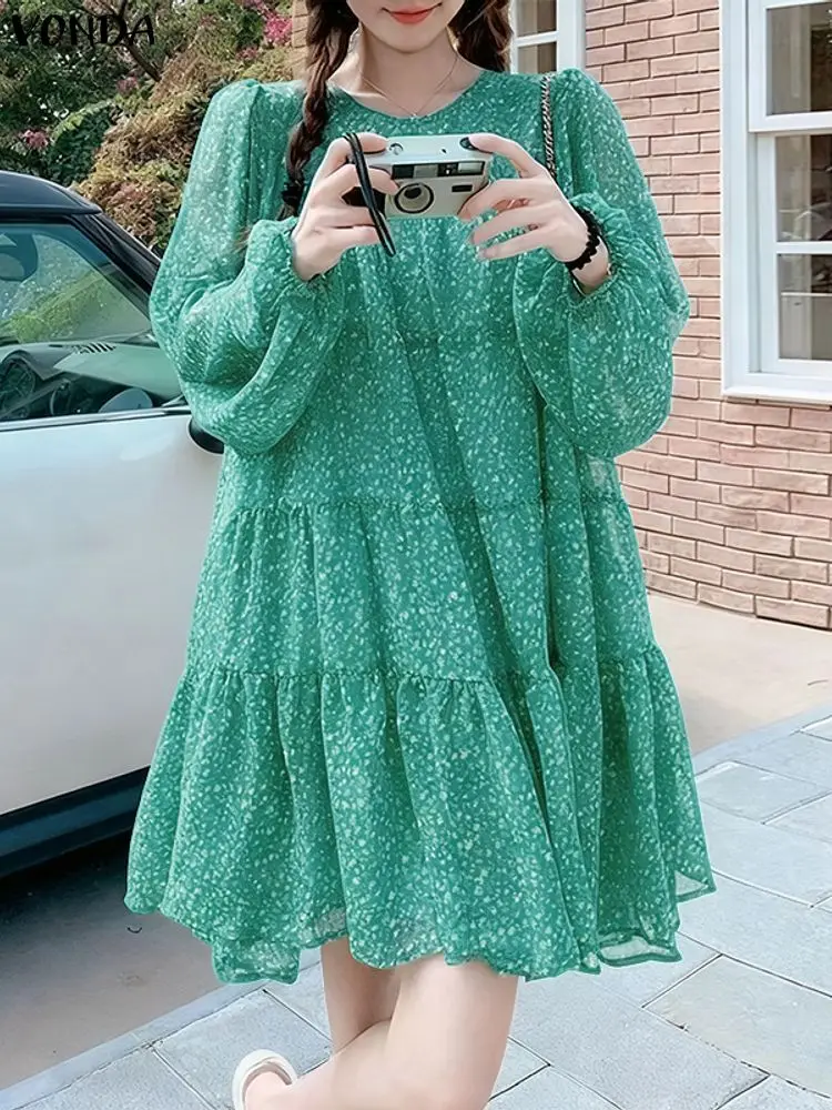 VONDA-Vestidos bohemios de manga larga con estampado Floral para mujer, vestido veraniego de fiesta con cuello redondo, Mini Vestidos sexis de fiesta cortos 2026