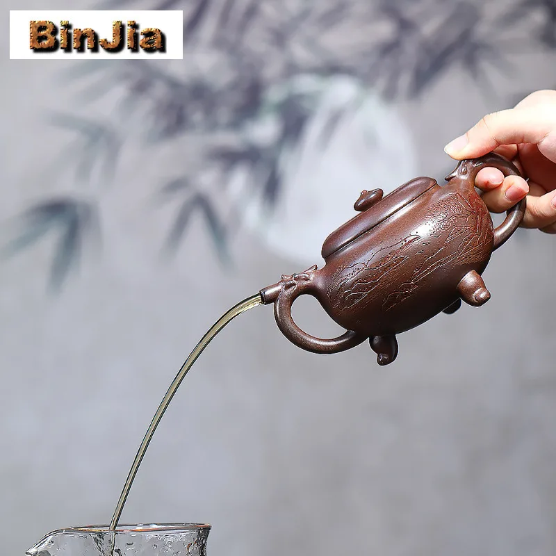 300ml Yixing Purple Clay Teapots Handmade Tripodia Pot Raw Ore Wood-fired Porcelain Mud Kettle With Strainer Zisha Tea Set Gift