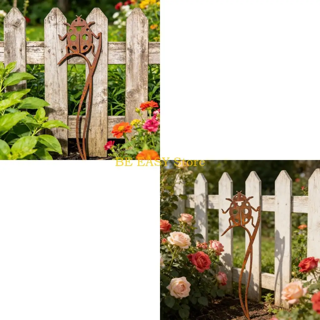 E28F Elegant Metal Ladybugs Garden Stake Decorative Outdoor Ornament For Yard Decoration