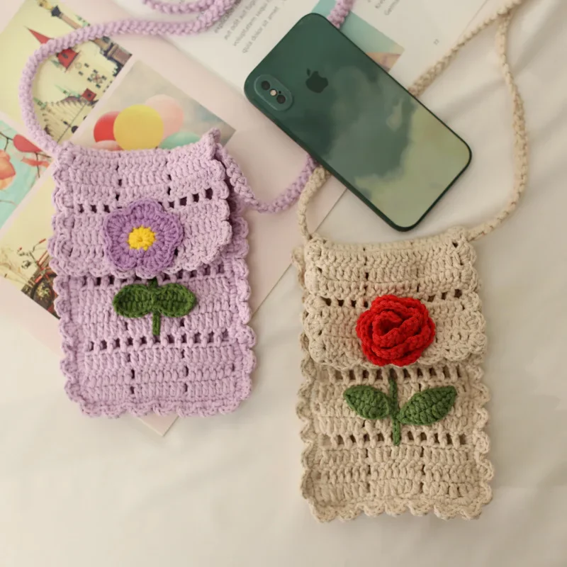 Handmade Cottagecore Crochet Knitted Hook Floral Shoulder Bag Girly Female Lolita Small Mini Cute Phone Side Sling Crossbody Bag