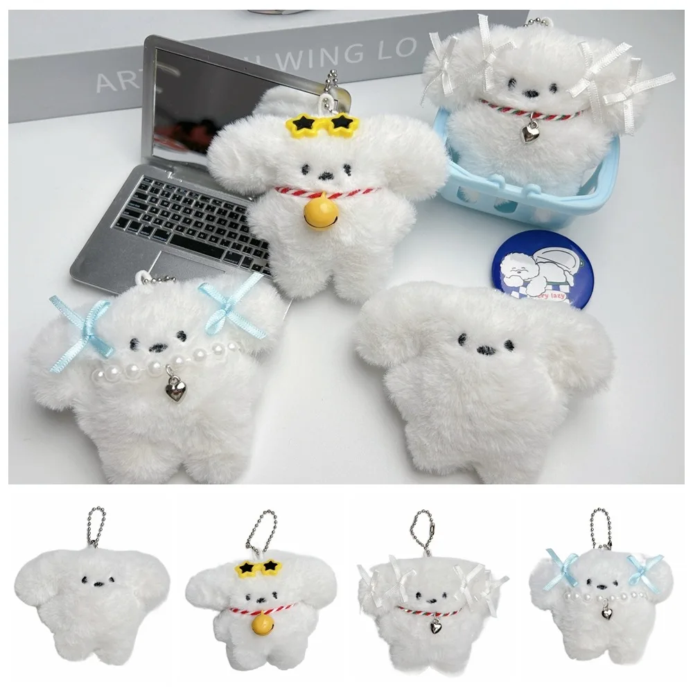 Squeak White Dog Plush Keychain Small Bell Bow Plush Doll Pendant Pendant Stuffed Puppy Plush Keyring Christmas Gift