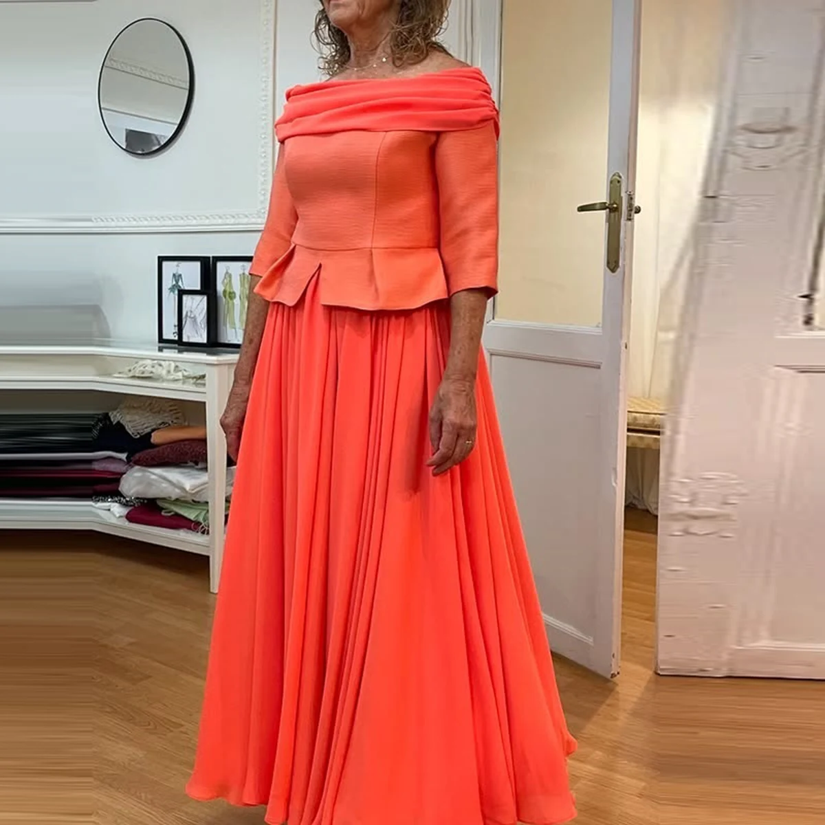 Elegante schulterfreie Abendkleider aus Satin und Chiffon in A-Linie, Abendkleid mit halben langen Ärmeln, formelles Partykleid