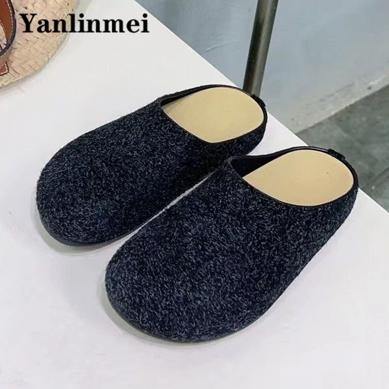 Hot Sales Cow Suede Slippers For Women Round Toe Flat Slides Outdoors Casual Mules Shoes Comfort Thick Sole Half Slippers Woman