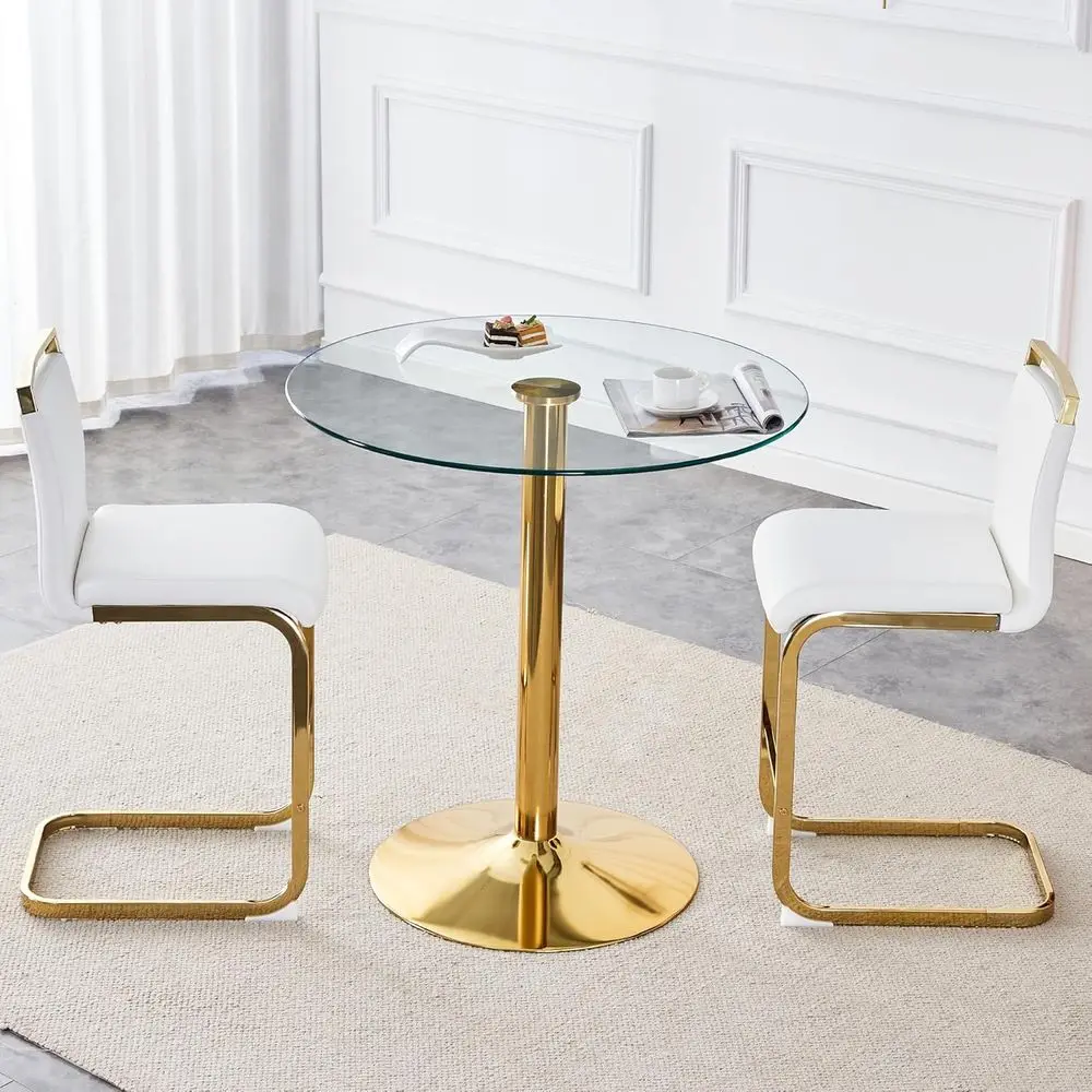 

3-Piece Round Bar Table Set,Round Counter Height Dining Table Set,35" Tempered Glass Pub Table and White Chairs,Round Gold bar T