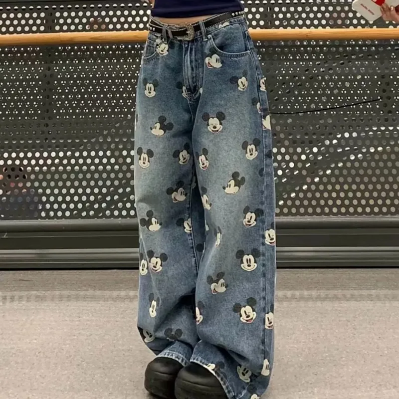 

Plus Size American Vintage Jeans for Women, 2026 Mickey Cartoon Print, High Waist Straight Leg Loose Summer Denim Pants